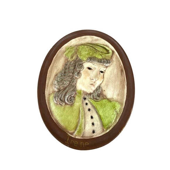 Vintage W. Watters Ceramic Wall Plaque Girl Portrait Signed "Irene" 6" - Picture 1 of 7